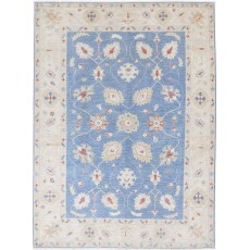 Hand Knotted Floral Oushak Area Rug with Blue Field and Ivory Border | 100% Wool