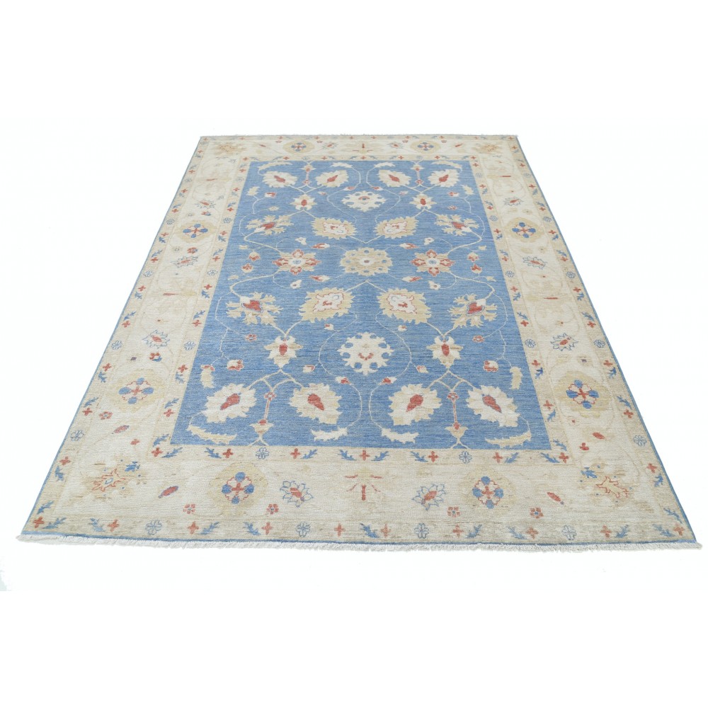 Hand Knotted Floral Oushak Area Rug with Blue Field and Ivory Border | 100% Wool