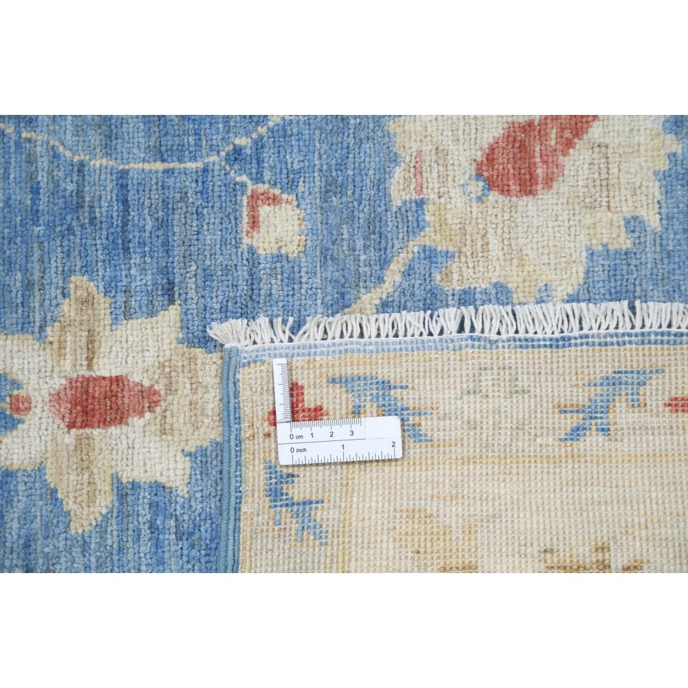 Hand Knotted Floral Oushak Area Rug with Blue Field and Ivory Border | 100% Wool
