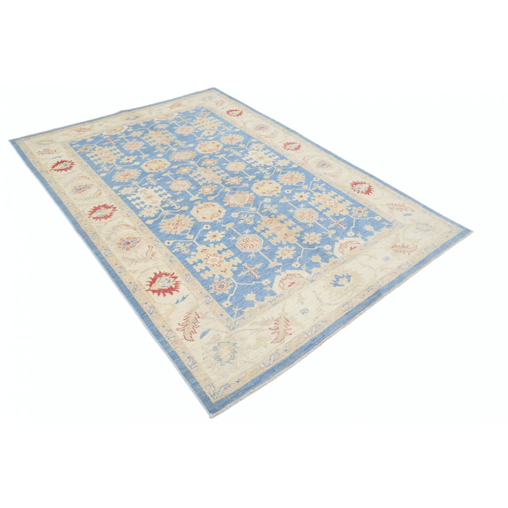 Hand Knotted Floral Oushak Area Rug with Blue Field and Beige Border | 100% Wool