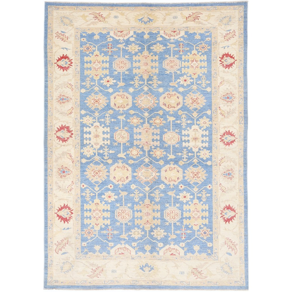 Hand Knotted Floral Oushak Area Rug with Blue Field and Beige Border | 100% Wool