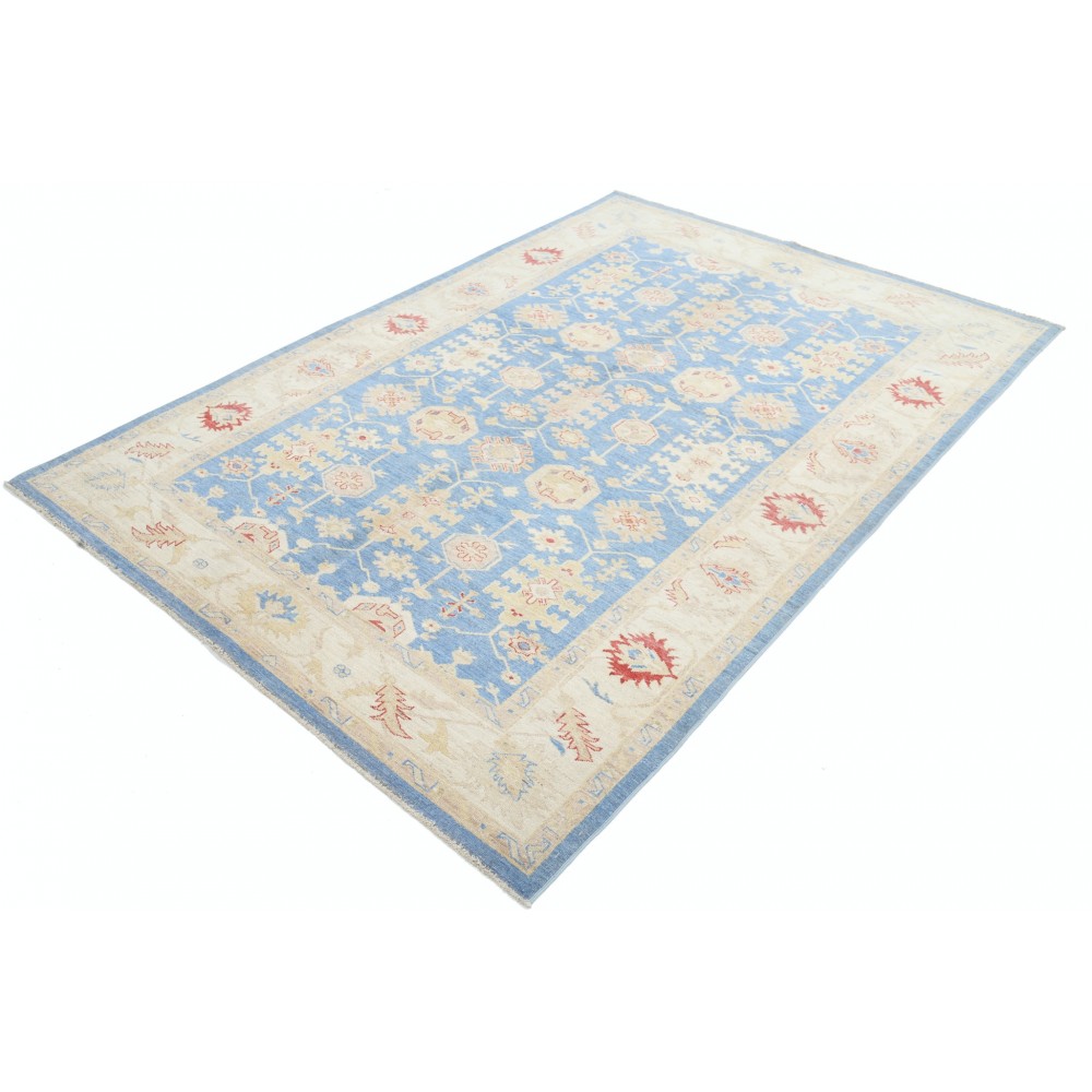 Hand Knotted Floral Oushak Area Rug with Blue Field and Beige Border | 100% Wool