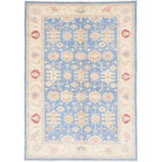 Hand Knotted Floral Oushak Area Rug with Blue Field and Beige Border | 100% Wool