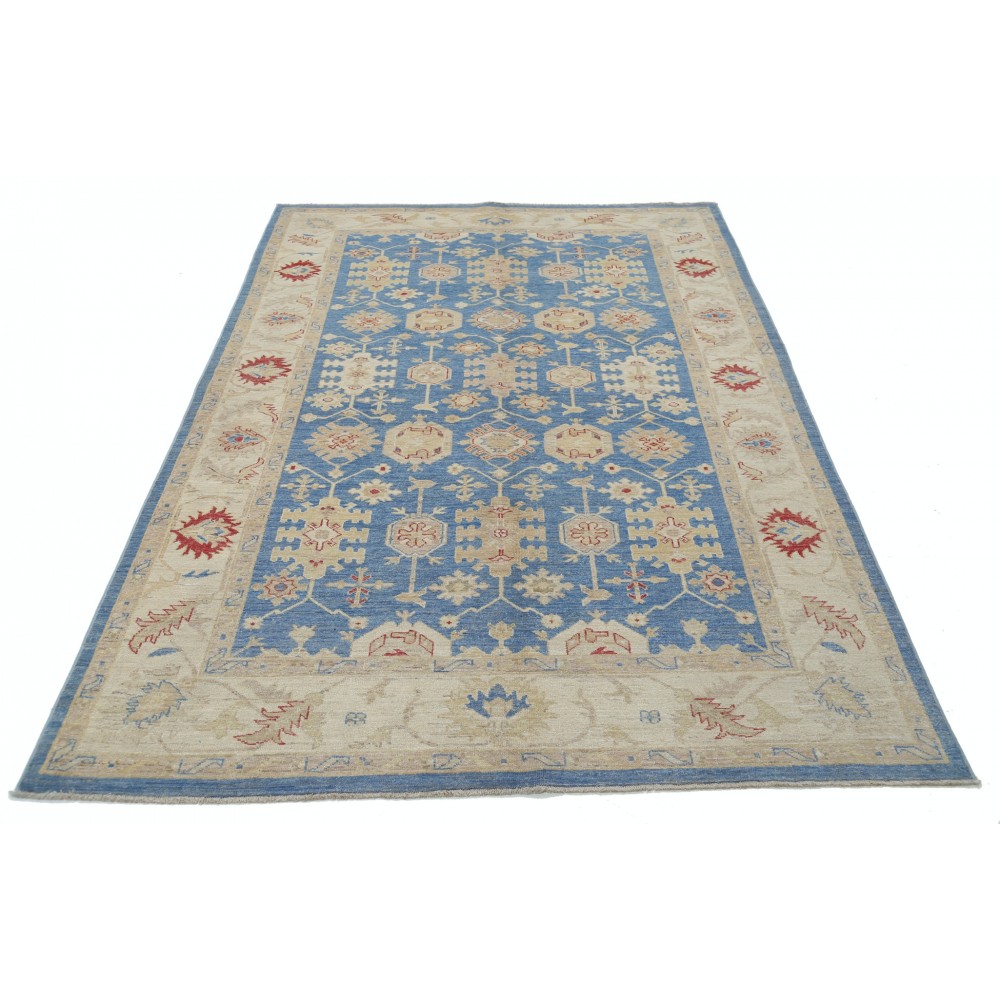 Hand Knotted Floral Oushak Area Rug with Blue Field and Beige Border | 100% Wool