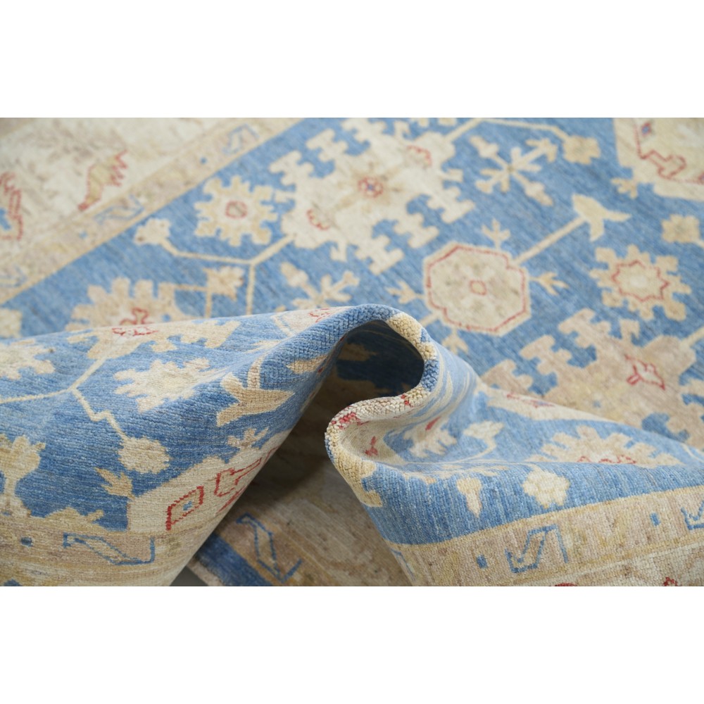 Hand Knotted Floral Oushak Area Rug with Blue Field and Beige Border | 100% Wool