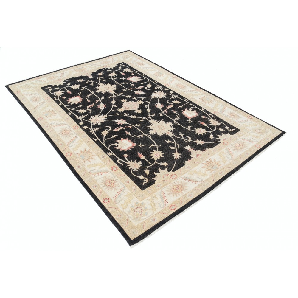 Hand Knotted Floral Area Rug with Black Field and Beige Border | Traditional Oushak Wool Rug Hand Knotted Floral Area Rug with Black Field and Beige Border | Traditional Oushak Wool Rug