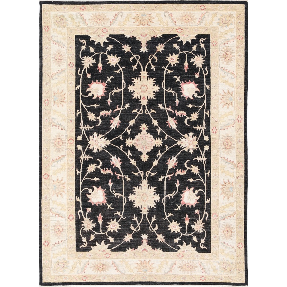 Hand Knotted Floral Area Rug with Black Field and Beige Border | Traditional Oushak Wool Rug Hand Knotted Floral Area Rug with Black Field and Beige Border | Traditional Oushak Wool Rug