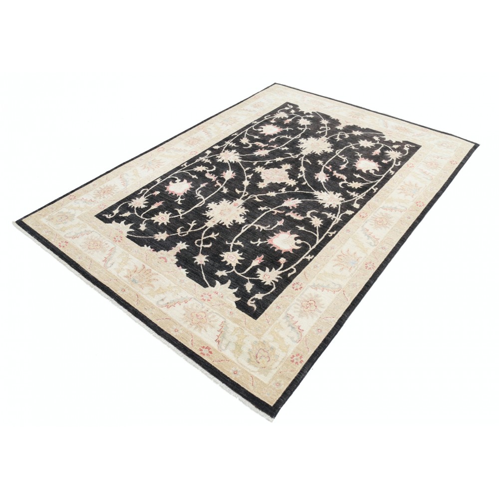 Hand Knotted Floral Area Rug with Black Field and Beige Border | Traditional Oushak Wool Rug Hand Knotted Floral Area Rug with Black Field and Beige Border | Traditional Oushak Wool Rug