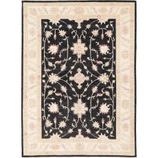 Hand Knotted Floral Area Rug with Black Field and Beige Border | Traditional Oushak Wool Rug