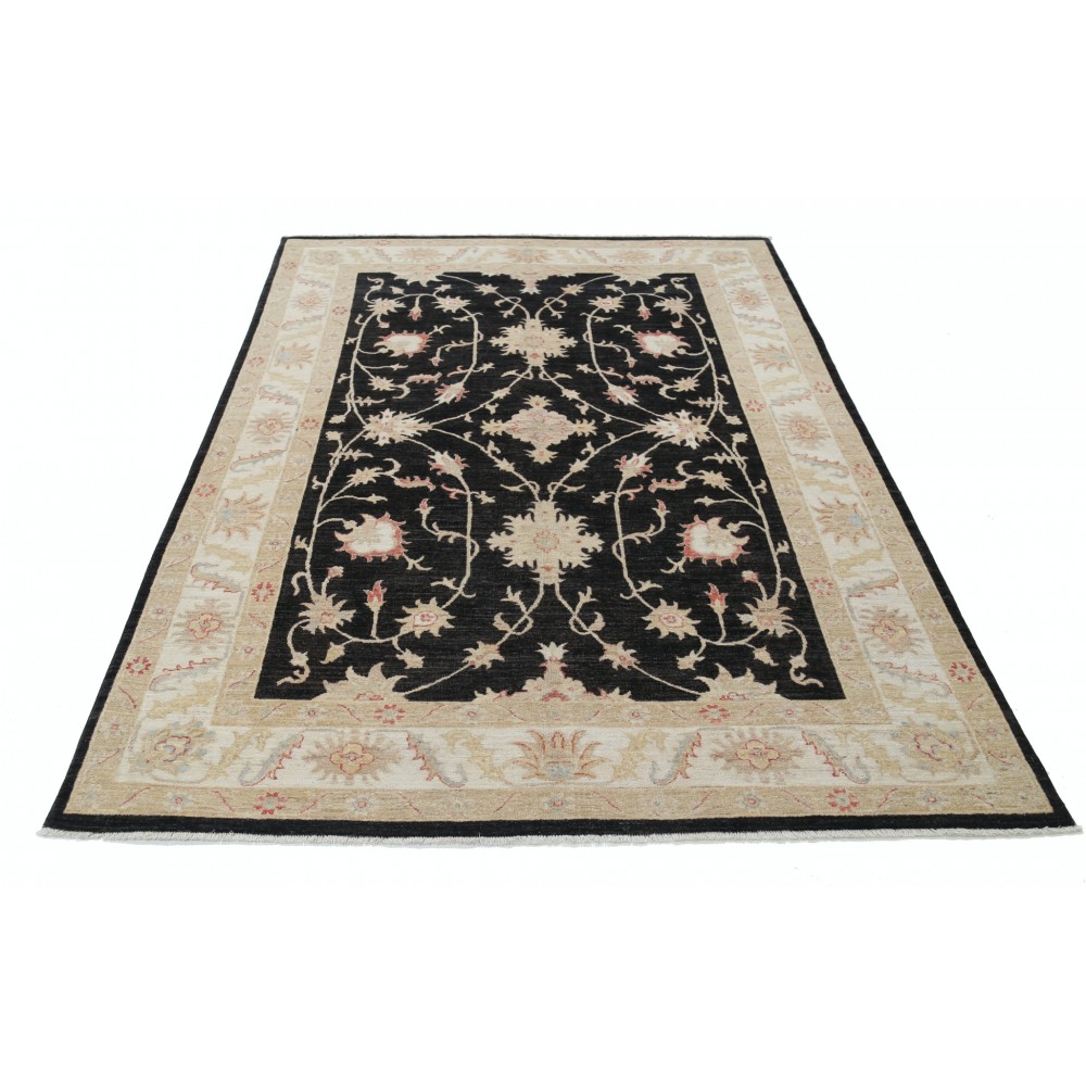 Hand Knotted Floral Area Rug with Black Field and Beige Border | Traditional Oushak Wool Rug Hand Knotted Floral Area Rug with Black Field and Beige Border | Traditional Oushak Wool Rug
