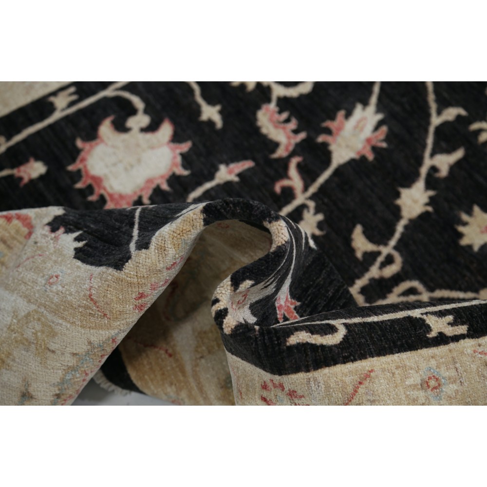 Hand Knotted Floral Area Rug with Black Field and Beige Border | Traditional Oushak Wool Rug Hand Knotted Floral Area Rug with Black Field and Beige Border | Traditional Oushak Wool Rug