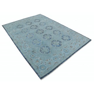 Hand Knotted Light Blue and Navy Blue Wool Area Rug | Turkish Quatrefoil Medallion Design Carpet