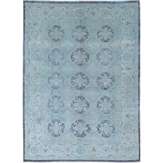 Hand Knotted Light Blue and Navy Blue Wool Area Rug | Turkish Quatrefoil Medallion Design Carpet