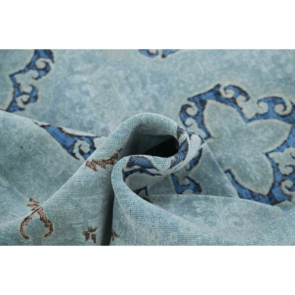 Hand Knotted Light Blue and Navy Blue Wool Area Rug | Turkish Quatrefoil Medallion Design Carpet Hand Knotted Light Blue and Navy Blue Wool Area Rug | Turkish Quatrefoil Medallion Design Carpet