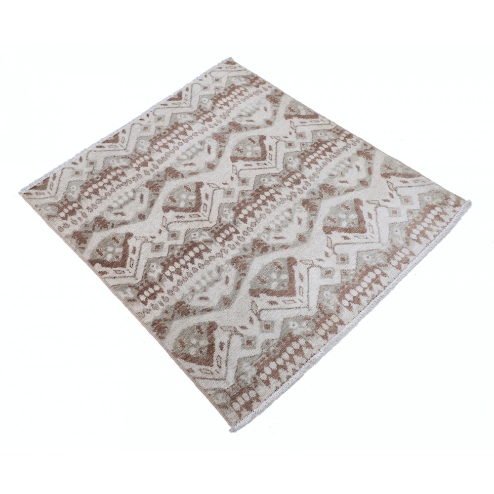 Hand Knotted Ivory and Brown Wool Area Rug | Turkish Geometric Design Accent Rug Hand Knotted Ivory and Brown Wool Area Rug | Turkish Geometric Design Accent Rug