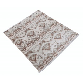 Hand Knotted Ivory and Brown Wool Area Rug | Turkish Geometric Design Accent Rug