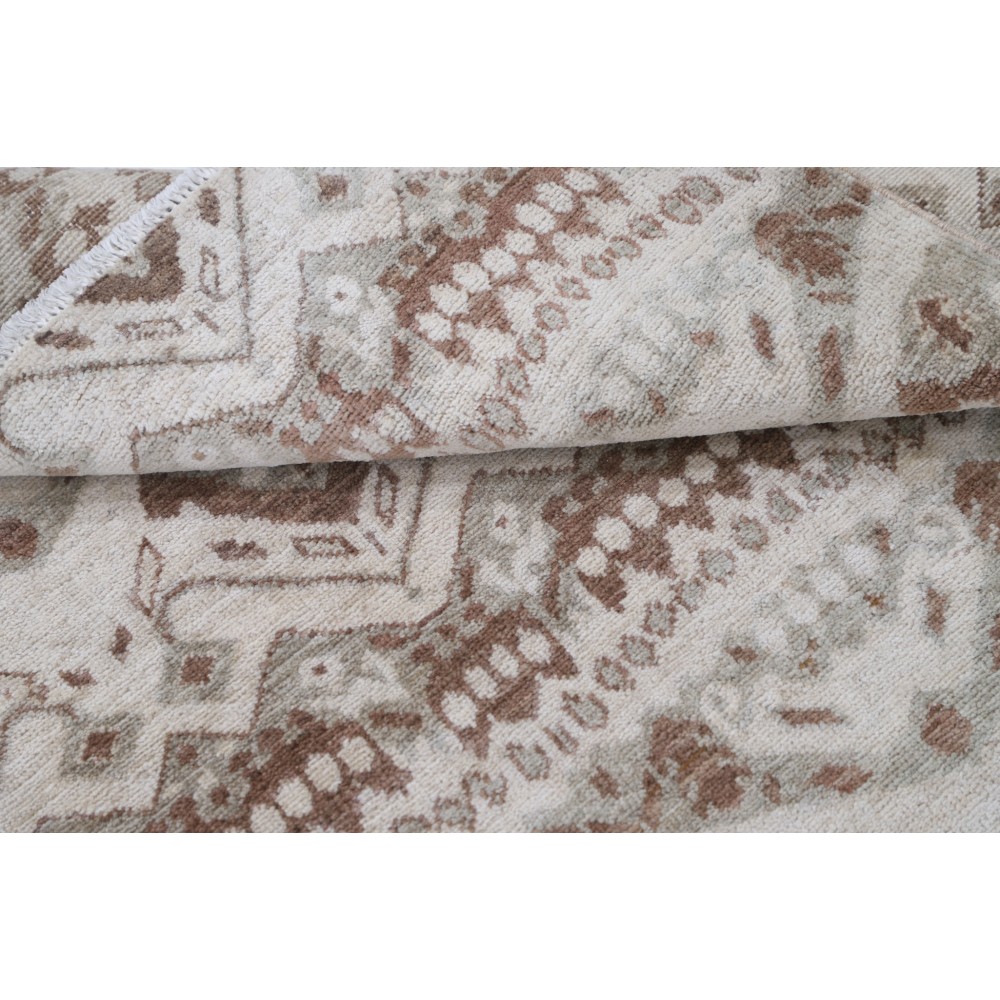 Hand Knotted Ivory and Brown Wool Area Rug | Turkish Geometric Design Accent Rug Hand Knotted Ivory and Brown Wool Area Rug | Turkish Geometric Design Accent Rug