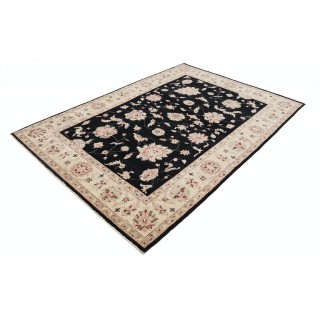 Hand Knotted Floral Area Rug with Black Field and Beige Border | Traditional Oushak Wool Carpet
