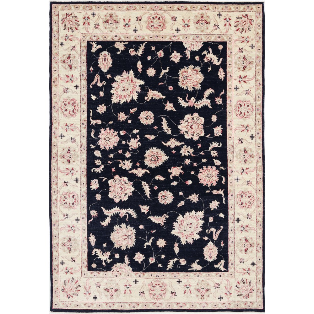 Hand Knotted Floral Area Rug with Black Field and Beige Border | Traditional Oushak Wool Carpet Hand Knotted Floral Area Rug with Black Field and Beige Border | Traditional Oushak Wool Carpet