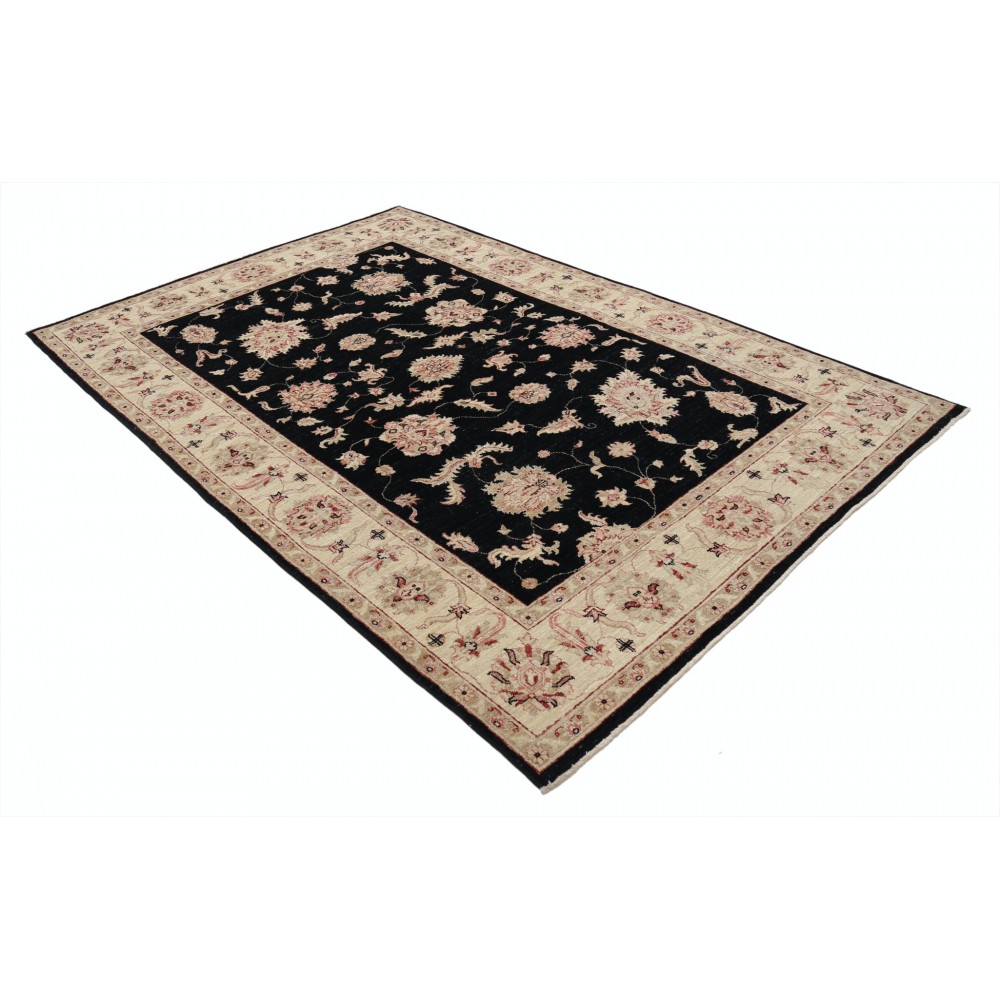 Hand Knotted Floral Area Rug with Black Field and Beige Border | Traditional Oushak Wool Carpet Hand Knotted Floral Area Rug with Black Field and Beige Border | Traditional Oushak Wool Carpet