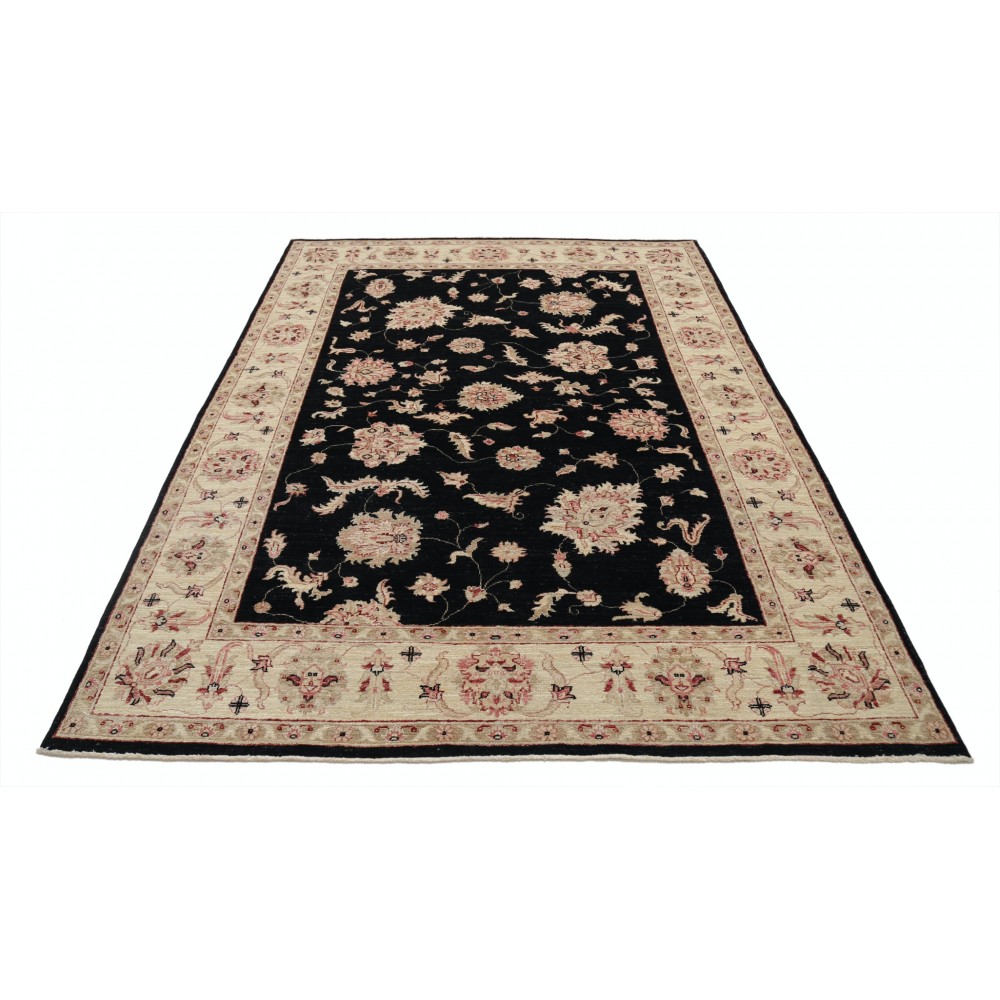 Hand Knotted Floral Area Rug with Black Field and Beige Border | Traditional Oushak Wool Carpet Hand Knotted Floral Area Rug with Black Field and Beige Border | Traditional Oushak Wool Carpet