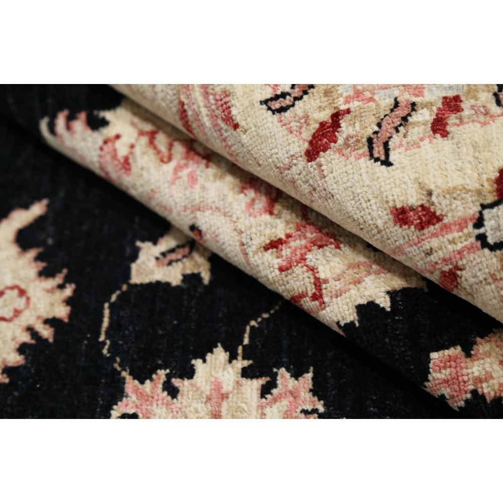 Hand Knotted Floral Area Rug with Black Field and Beige Border | Traditional Oushak Wool Carpet Hand Knotted Floral Area Rug with Black Field and Beige Border | Traditional Oushak Wool Carpet