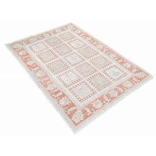 Hand Knotted Ivory, Peach, Light Blue Accent Rug | Geometric Floral Rug | 100% Wool