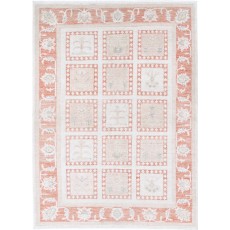 Hand Knotted Ivory, Peach, Light Blue Accent Rug | Geometric Floral Rug | 100% Wool