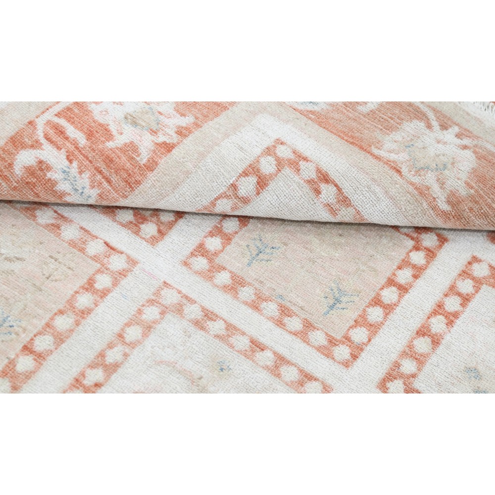 Hand Knotted Ivory, Peach, Light Blue Accent Rug | Geometric Floral Rug | 100% Wool Hand Knotted Ivory, Peach, Light Blue Accent Rug | Geometric Floral Rug | 100% Wool