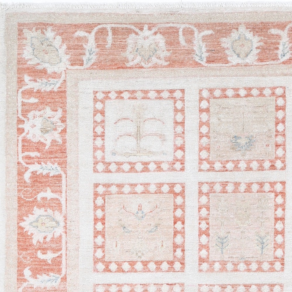 Hand Knotted Ivory, Peach, Light Blue Accent Rug | Geometric Floral Rug | 100% Wool Hand Knotted Ivory, Peach, Light Blue Accent Rug | Geometric Floral Rug | 100% Wool