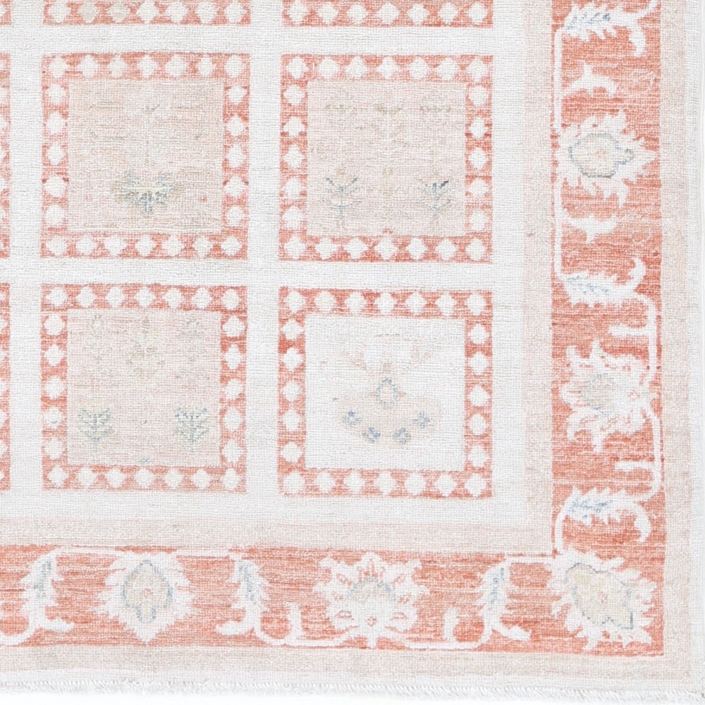 Hand Knotted Ivory, Peach, Light Blue Accent Rug | Geometric Floral Rug | 100% Wool Hand Knotted Ivory, Peach, Light Blue Accent Rug | Geometric Floral Rug | 100% Wool