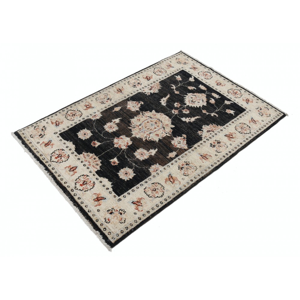 Hand Knotted Floral Turkish Area Rug with Black Field and Ivory Border | 100% Wool Hand Knotted Floral Turkish Area Rug with Black Field and Ivory Border | 100% Wool