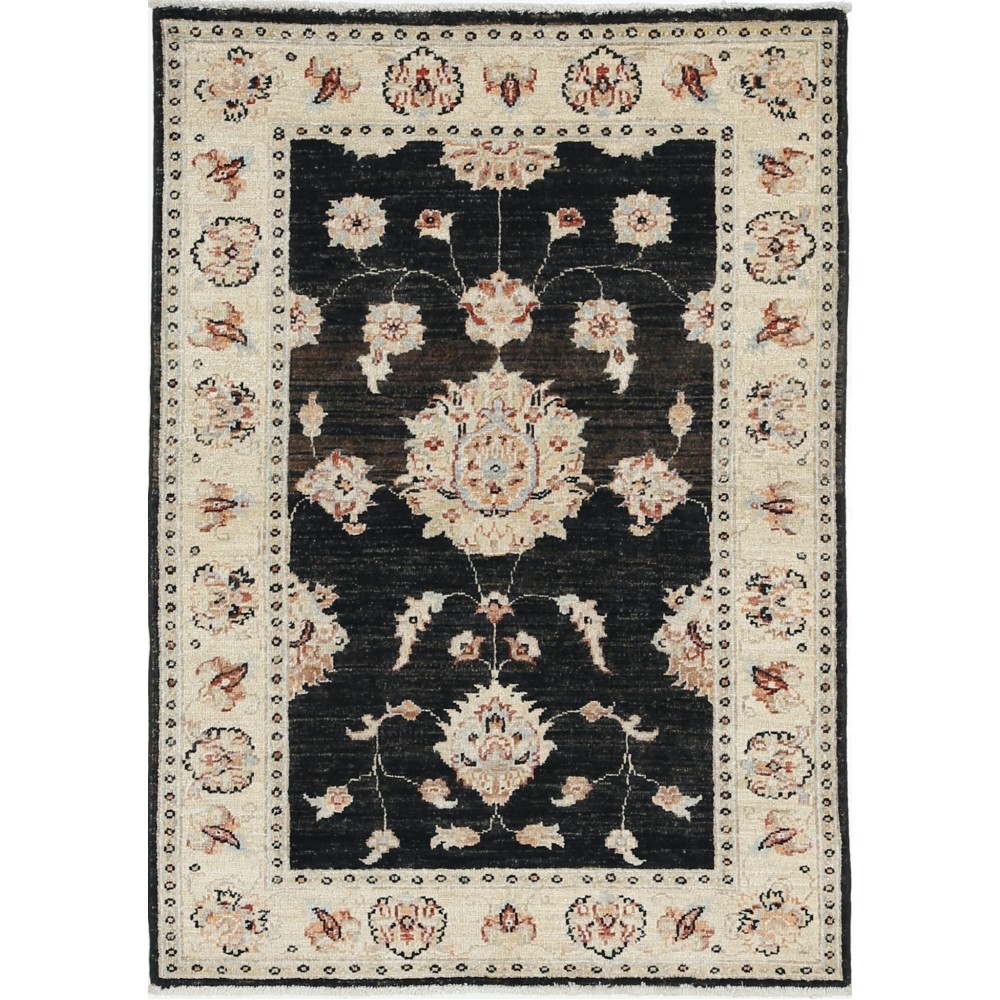 Hand Knotted Floral Turkish Area Rug with Black Field and Ivory Border | 100% Wool Hand Knotted Floral Turkish Area Rug with Black Field and Ivory Border | 100% Wool