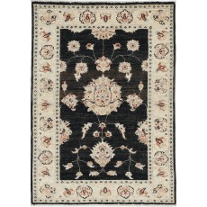 Hand Knotted Floral Turkish Area Rug with Black Field and Ivory Border | 100% Wool