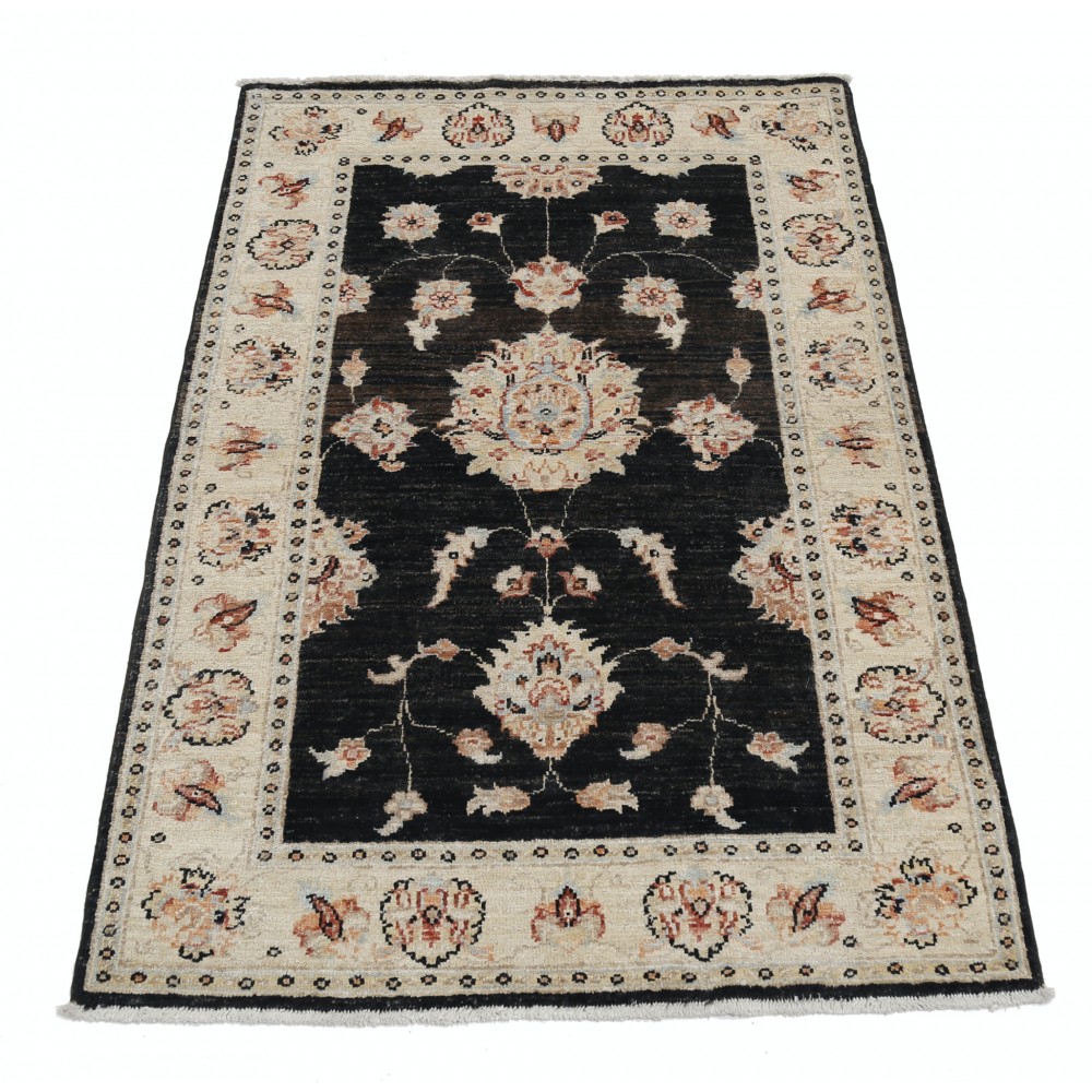 Hand Knotted Floral Turkish Area Rug with Black Field and Ivory Border | 100% Wool Hand Knotted Floral Turkish Area Rug with Black Field and Ivory Border | 100% Wool