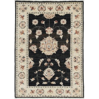 Hand Knotted Floral Turkish Area Rug with Black Field and Ivory Border | 100% Wool
