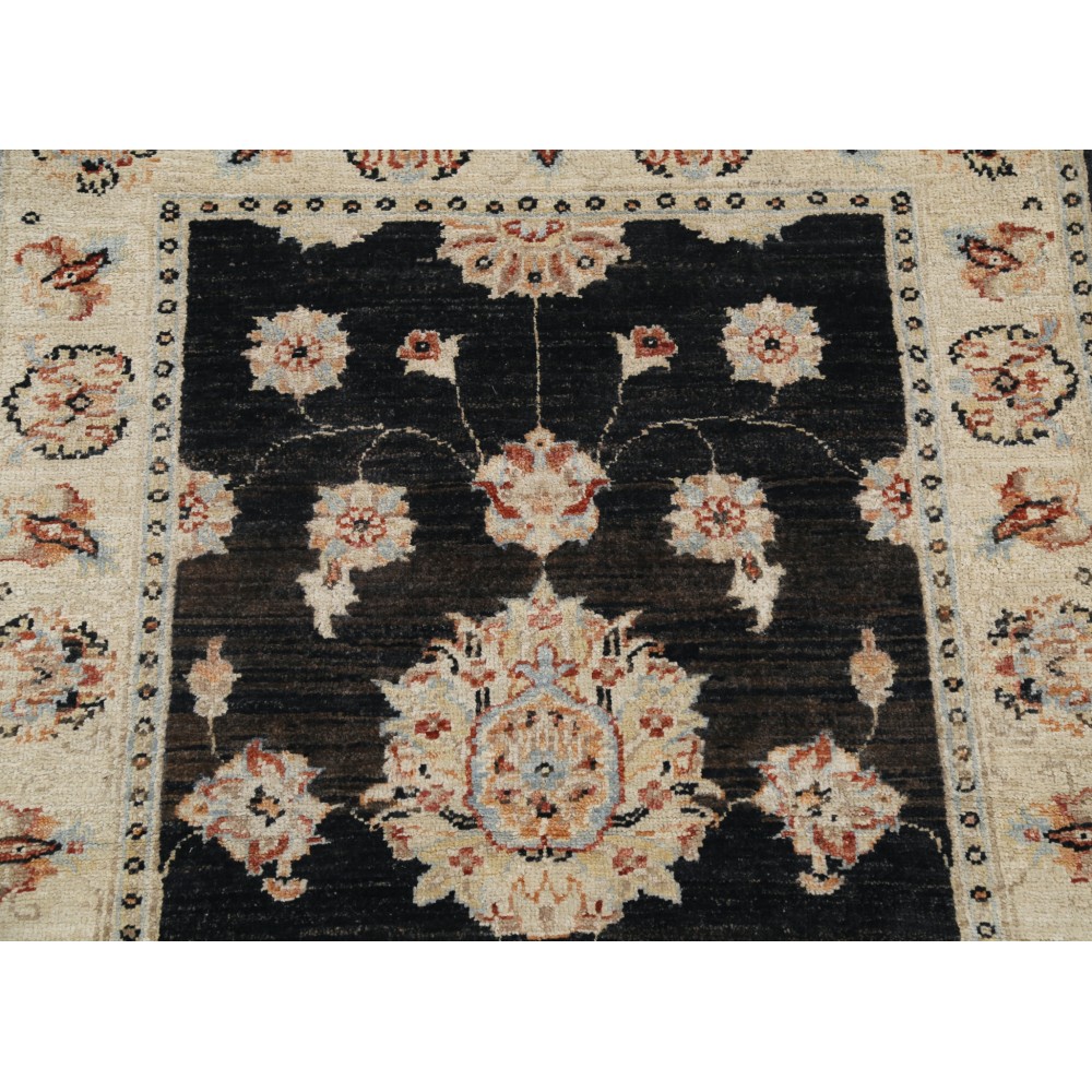 Hand Knotted Floral Turkish Area Rug with Black Field and Ivory Border | 100% Wool Hand Knotted Floral Turkish Area Rug with Black Field and Ivory Border | 100% Wool