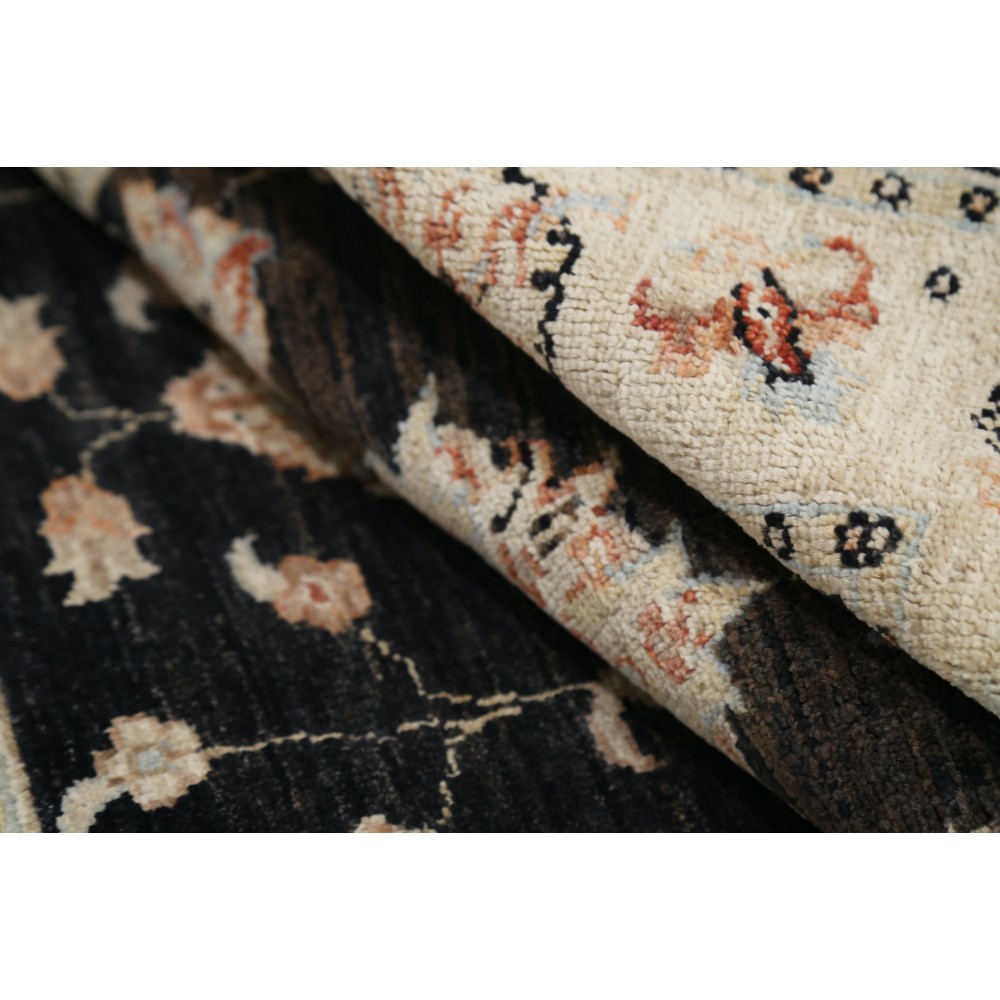 Hand Knotted Floral Turkish Area Rug with Black Field and Ivory Border | 100% Wool Hand Knotted Floral Turkish Area Rug with Black Field and Ivory Border | 100% Wool