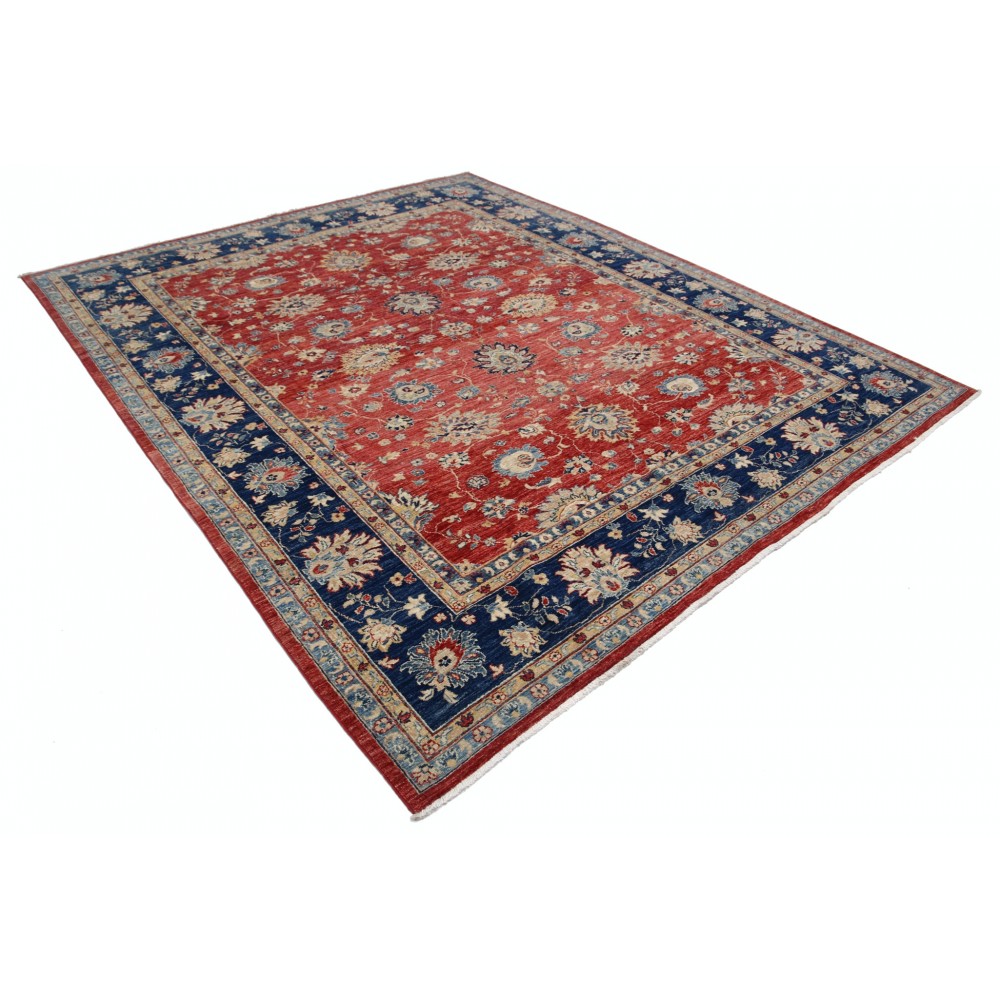 Hand Knotted Floral Area Rug with Red Field and Navy Blue Border | Turkish Oushak Wool Carpet Hand Knotted Floral Area Rug with Red Field and Navy Blue Border | Turkish Oushak Wool Carpet