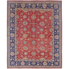 Hand Knotted Floral Area Rug with Red Field and Navy Blue Border | Turkish Oushak Wool Carpet