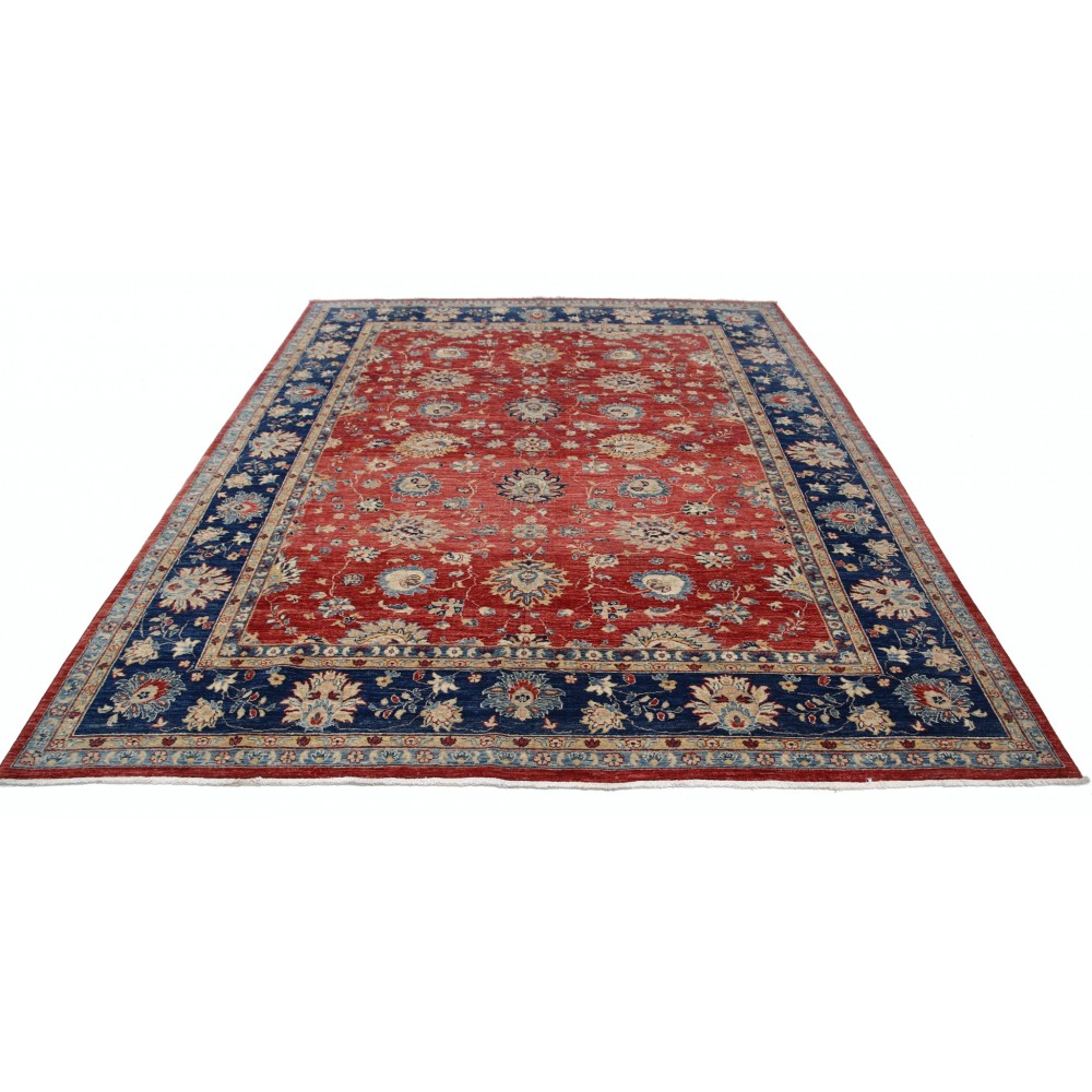 Hand Knotted Floral Area Rug with Red Field and Navy Blue Border | Turkish Oushak Wool Carpet Hand Knotted Floral Area Rug with Red Field and Navy Blue Border | Turkish Oushak Wool Carpet