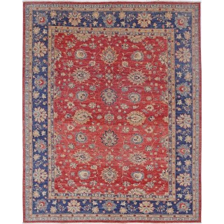 Hand Knotted Floral Area Rug with Red Field and Navy Blue Border | Turkish Oushak Wool Carpet