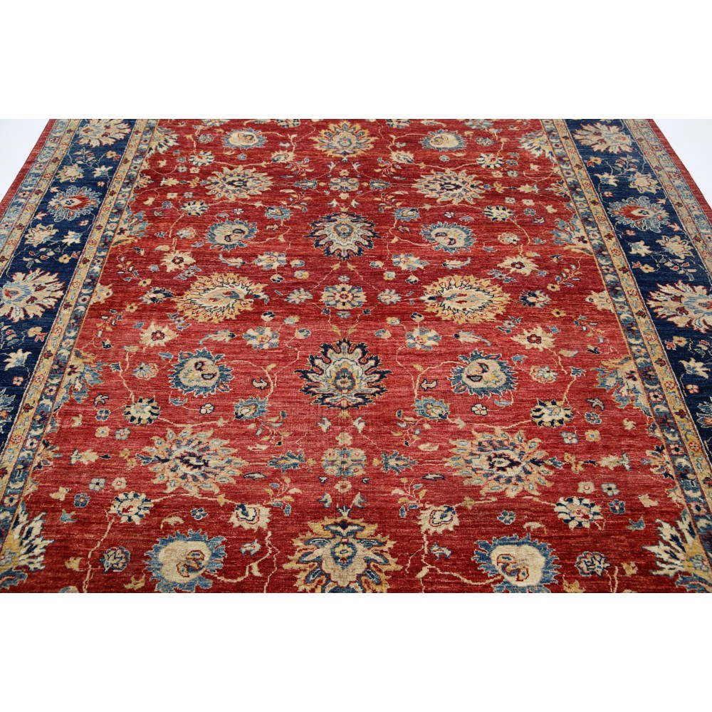 Hand Knotted Floral Area Rug with Red Field and Navy Blue Border | Turkish Oushak Wool Carpet Hand Knotted Floral Area Rug with Red Field and Navy Blue Border | Turkish Oushak Wool Carpet