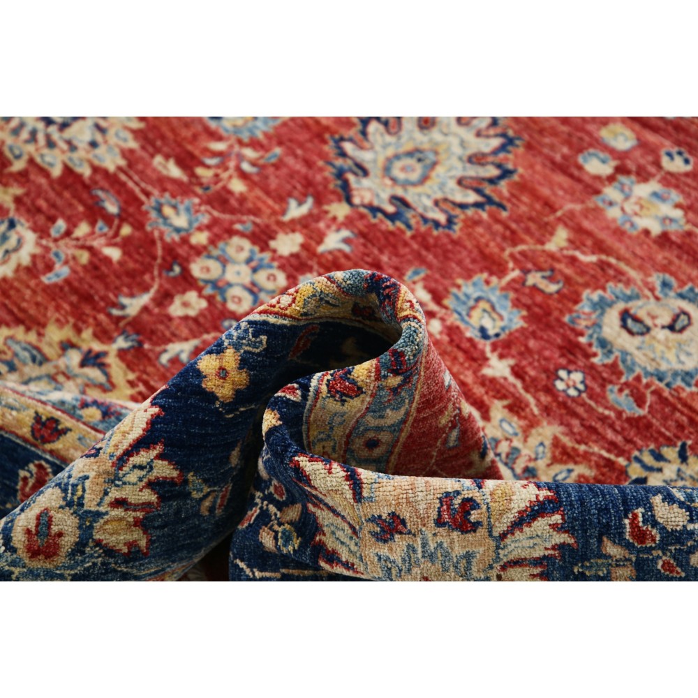 Hand Knotted Floral Area Rug with Red Field and Navy Blue Border | Turkish Oushak Wool Carpet Hand Knotted Floral Area Rug with Red Field and Navy Blue Border | Turkish Oushak Wool Carpet