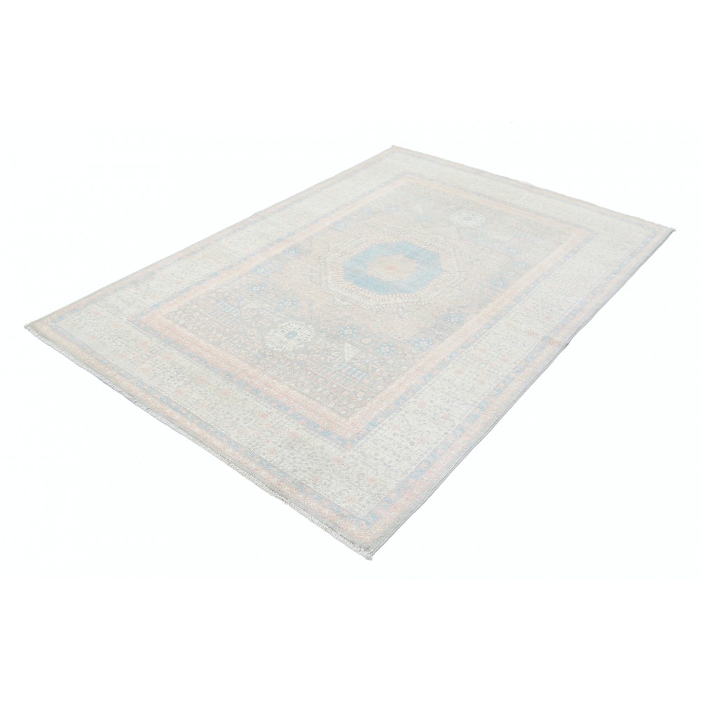 Hand Knotted Turkish Geometric Wool Area Rug in Soft Tones Hand Knotted Turkish Geometric Wool Area Rug in Soft Tones
