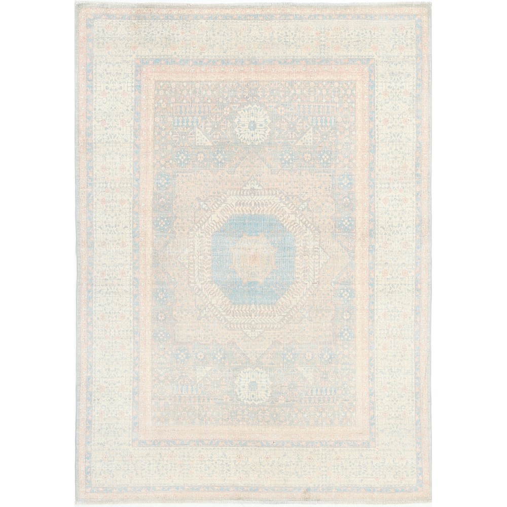 Hand Knotted Turkish Geometric Wool Area Rug in Soft Tones Hand Knotted Turkish Geometric Wool Area Rug in Soft Tones