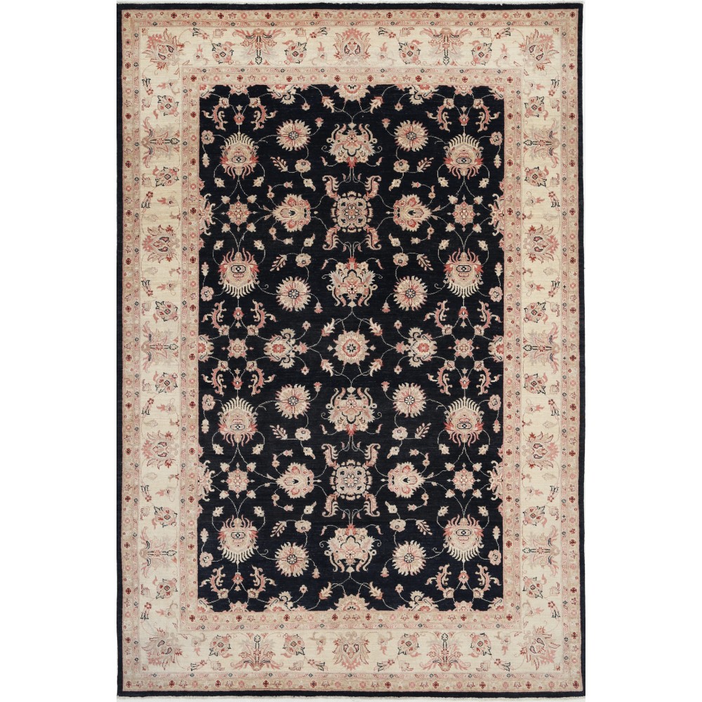 Hand Knotted Floral Oushak Large Area Rug with Black Field and Beige Border | 100% Wool