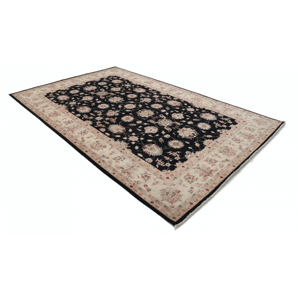 Hand Knotted Floral Oushak Large Area Rug with Black Field and Beige Border | 100% Wool