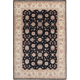 Hand Knotted Floral Oushak Large Area Rug with Black Field and Beige Border | 100% Wool