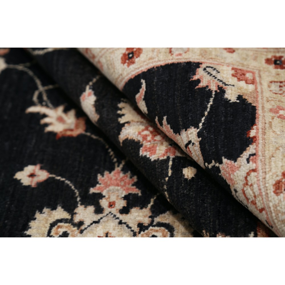 Hand Knotted Floral Oushak Large Area Rug with Black Field and Beige Border | 100% Wool